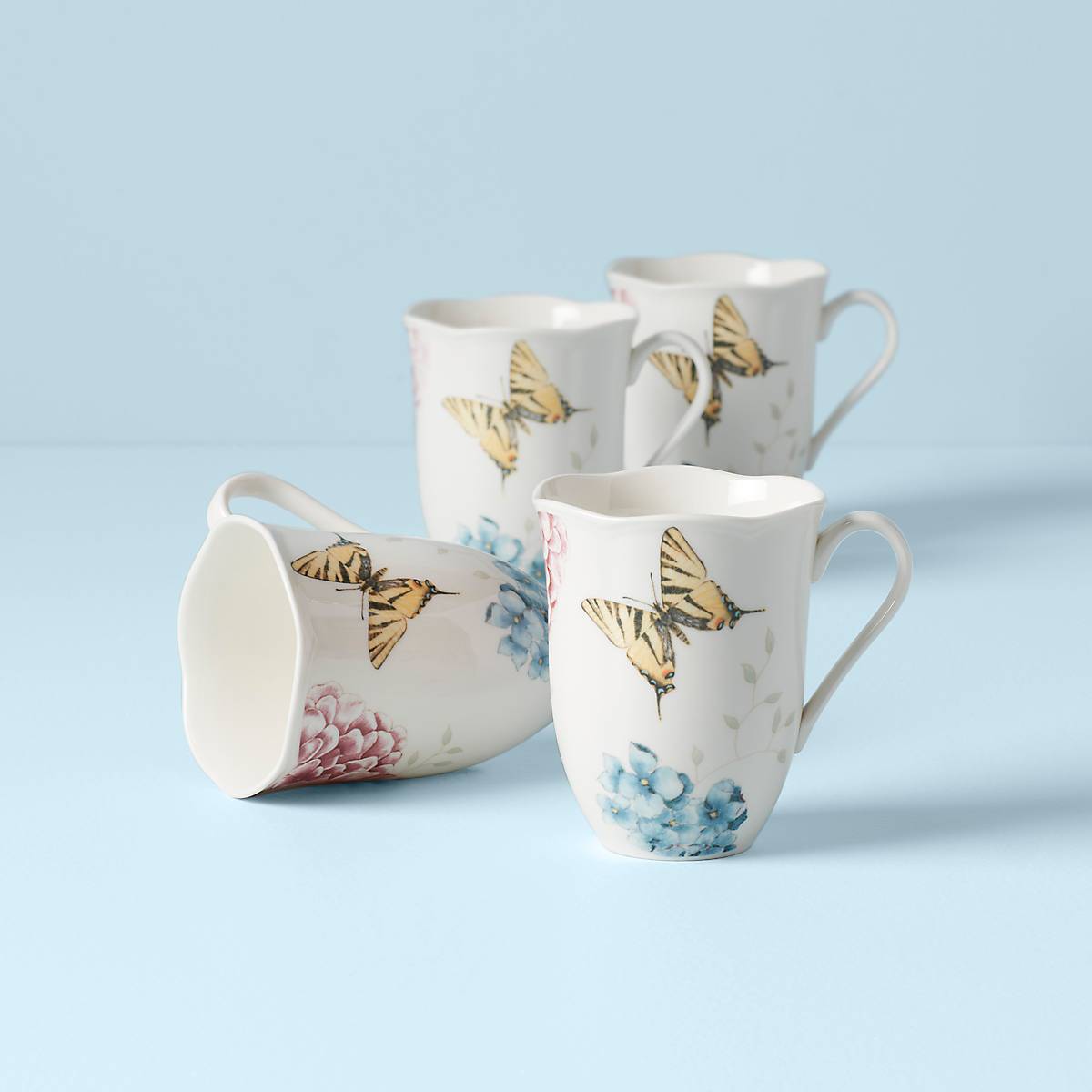 Butterfly Meadow Hydrangea Mugs. Set of 4