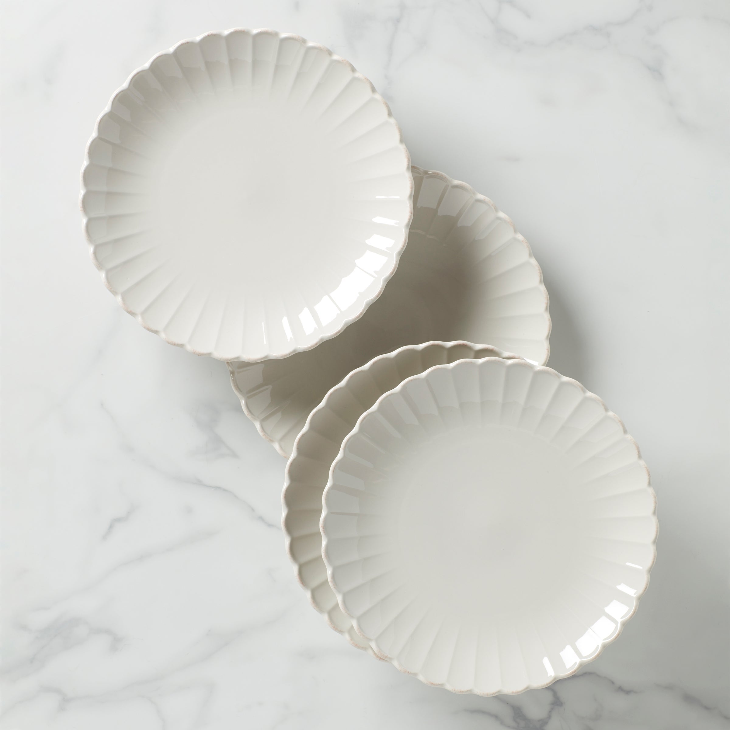 French Perle Scallop White Dinner Plates. Set of 4