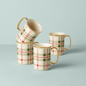 Holiday Plaid Mugs. Set of 4