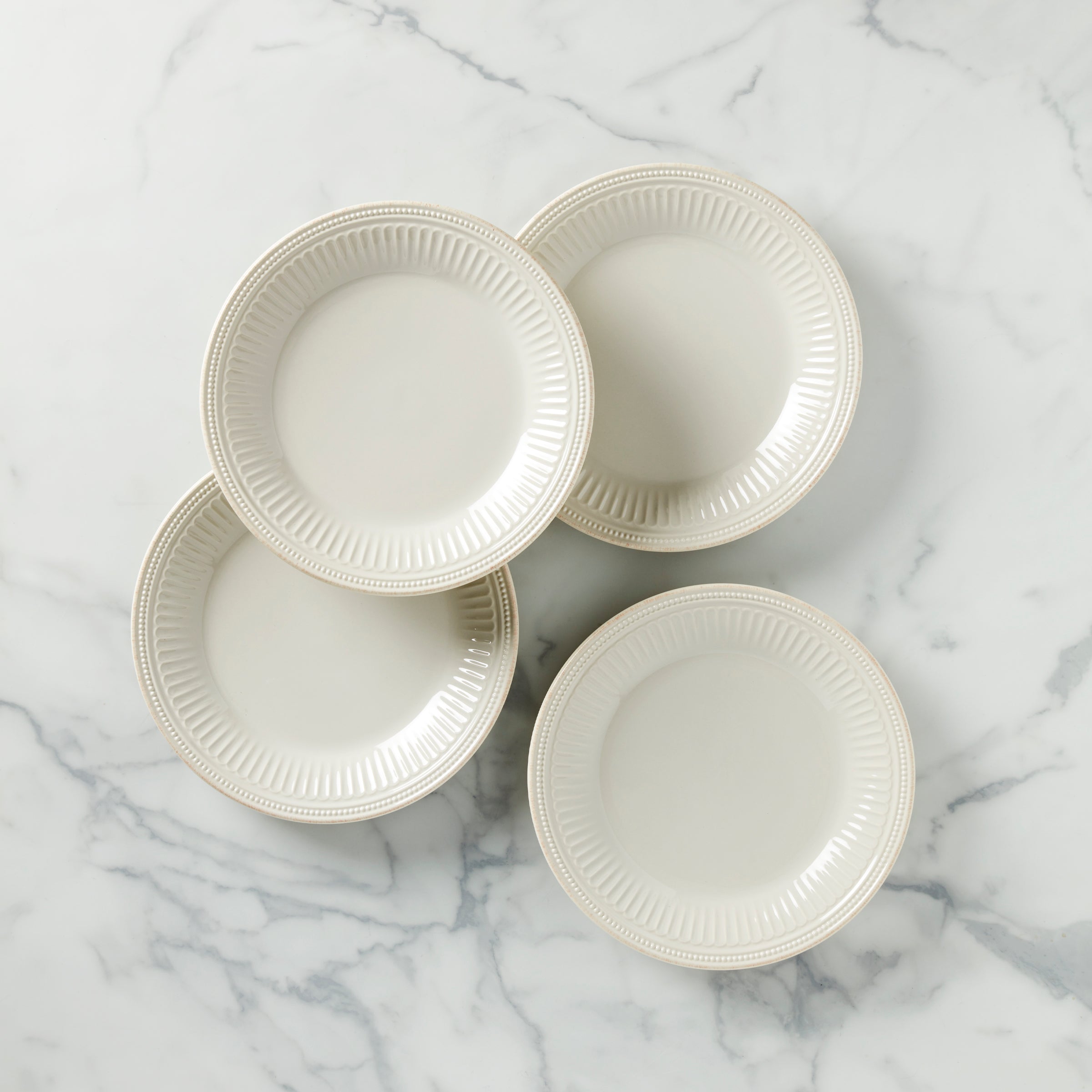 French Perle Groove White Dinner Plates. Set of 4