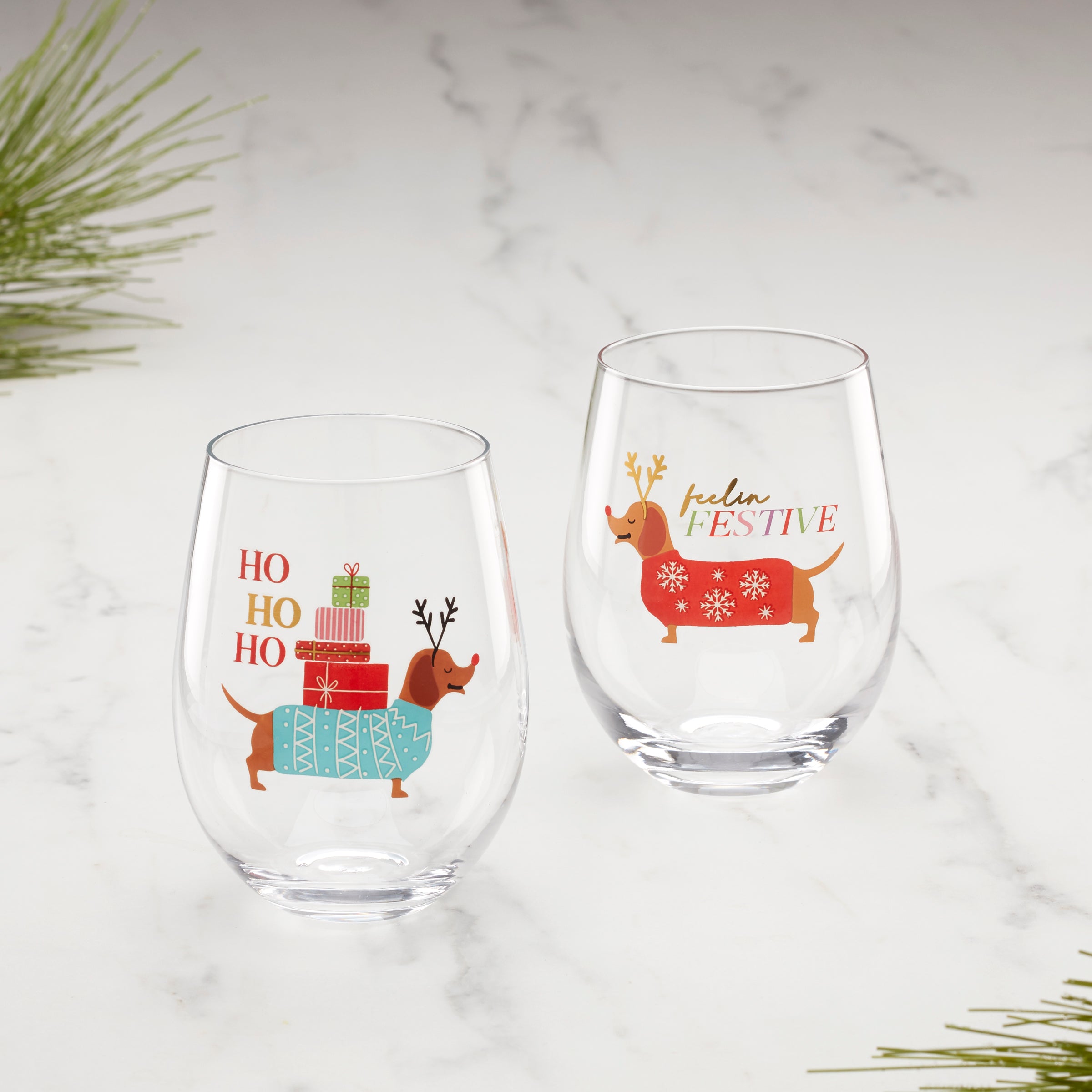 Feeling Festive Dog Stemless Wine Glasses. Set of 2