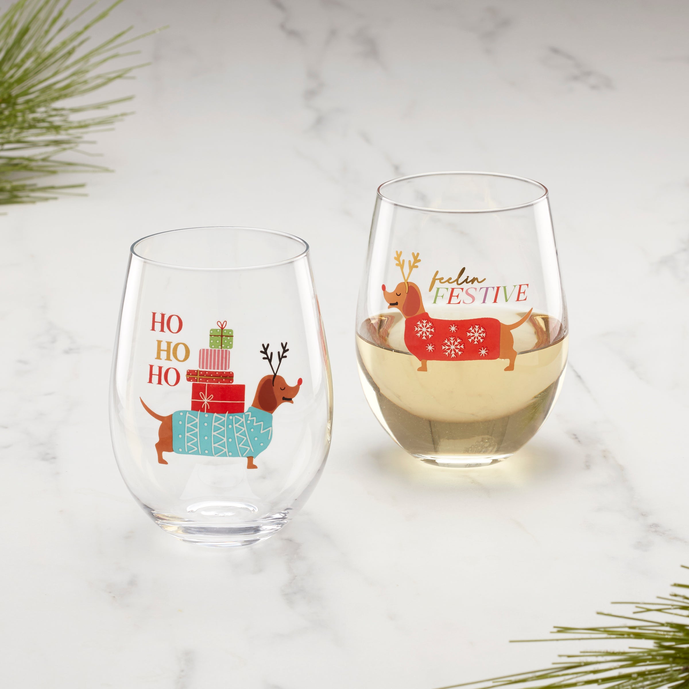 Feeling Festive Dog Stemless Wine Glasses. Set of 2 - Image 2