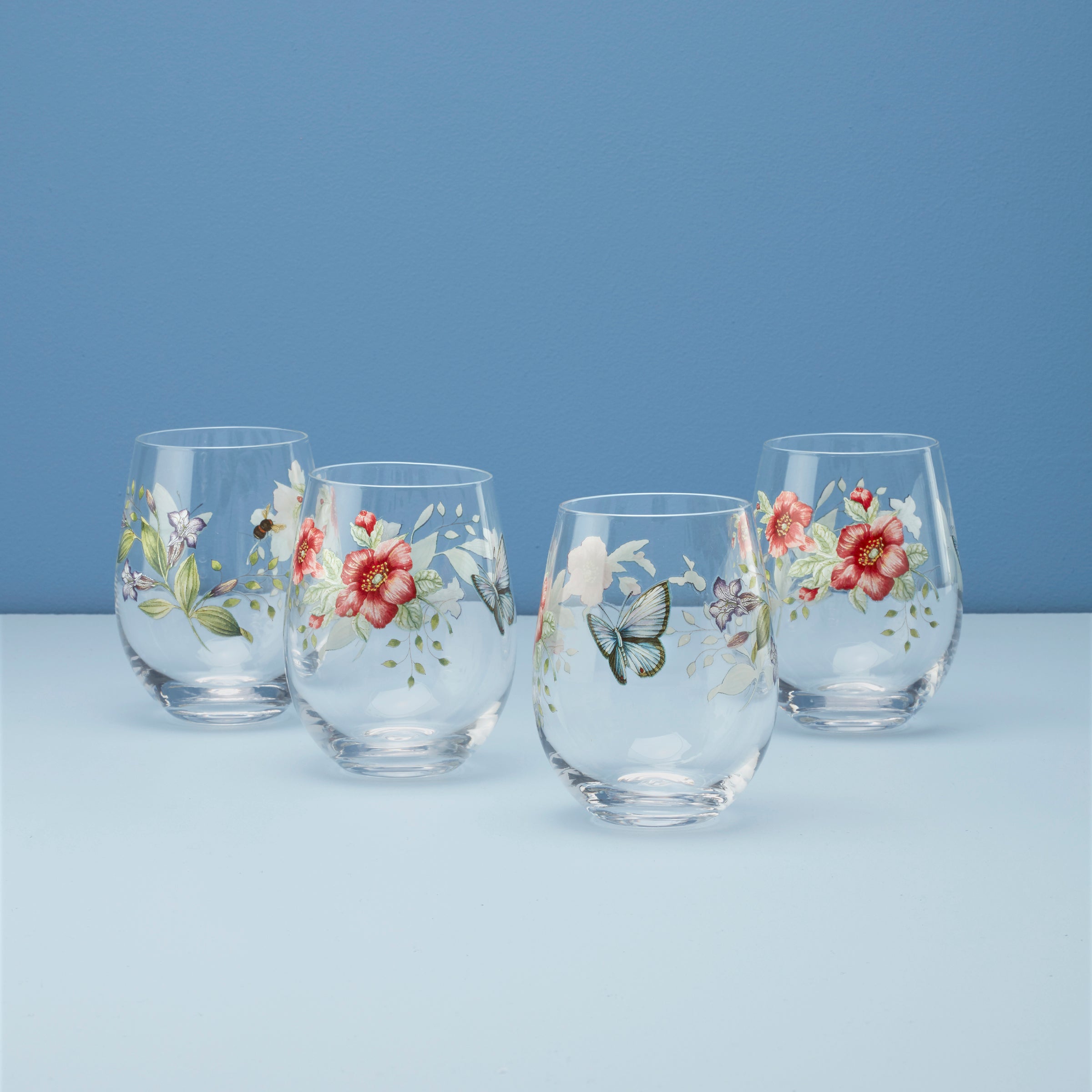 Butterfly Meadow Stemless Wine Glasses. Set of 4