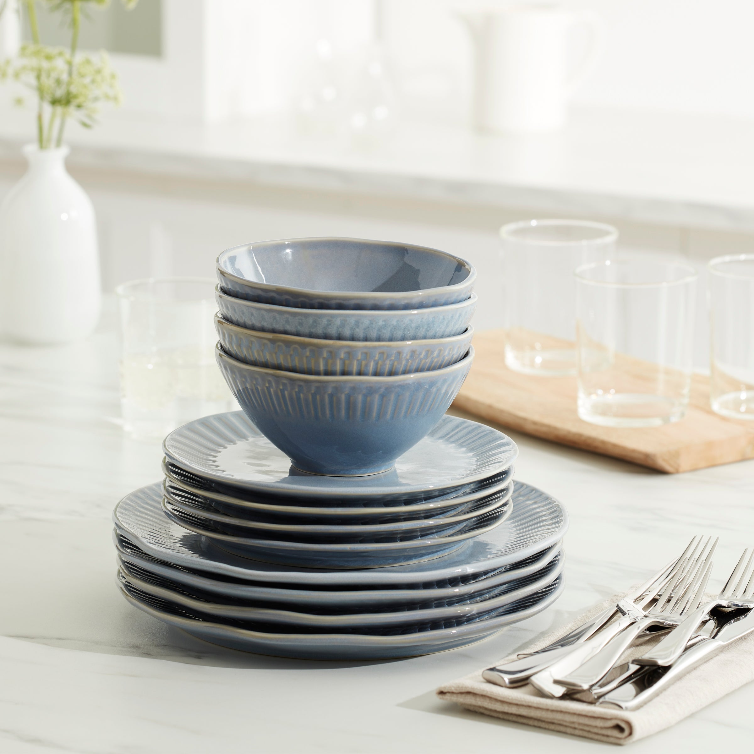 Artisanal Stripe Blue 12-Piece Dinnerware Set - Image 3
