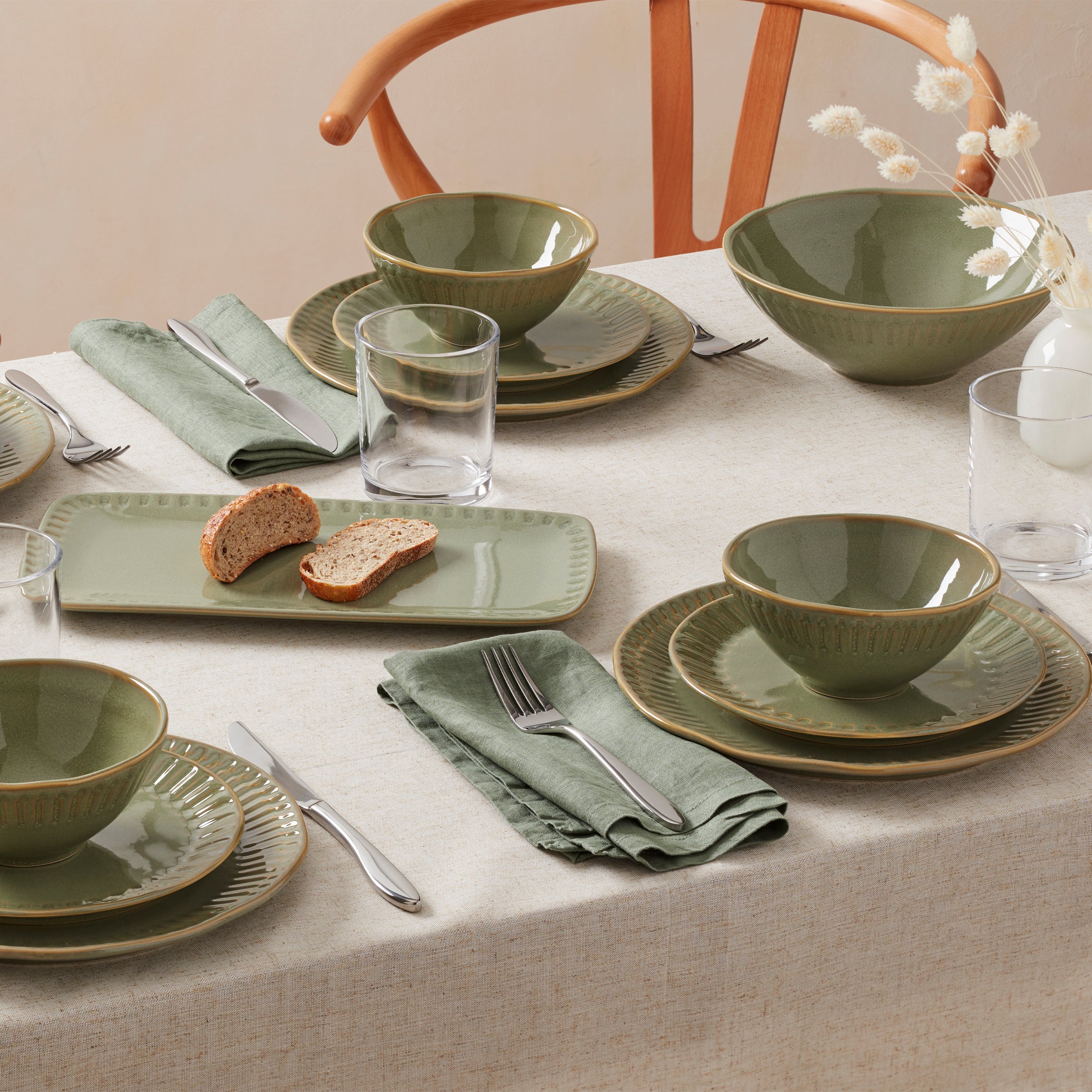 Artisanal Stripe Green 12-Piece Dinnerware Set - Image 2