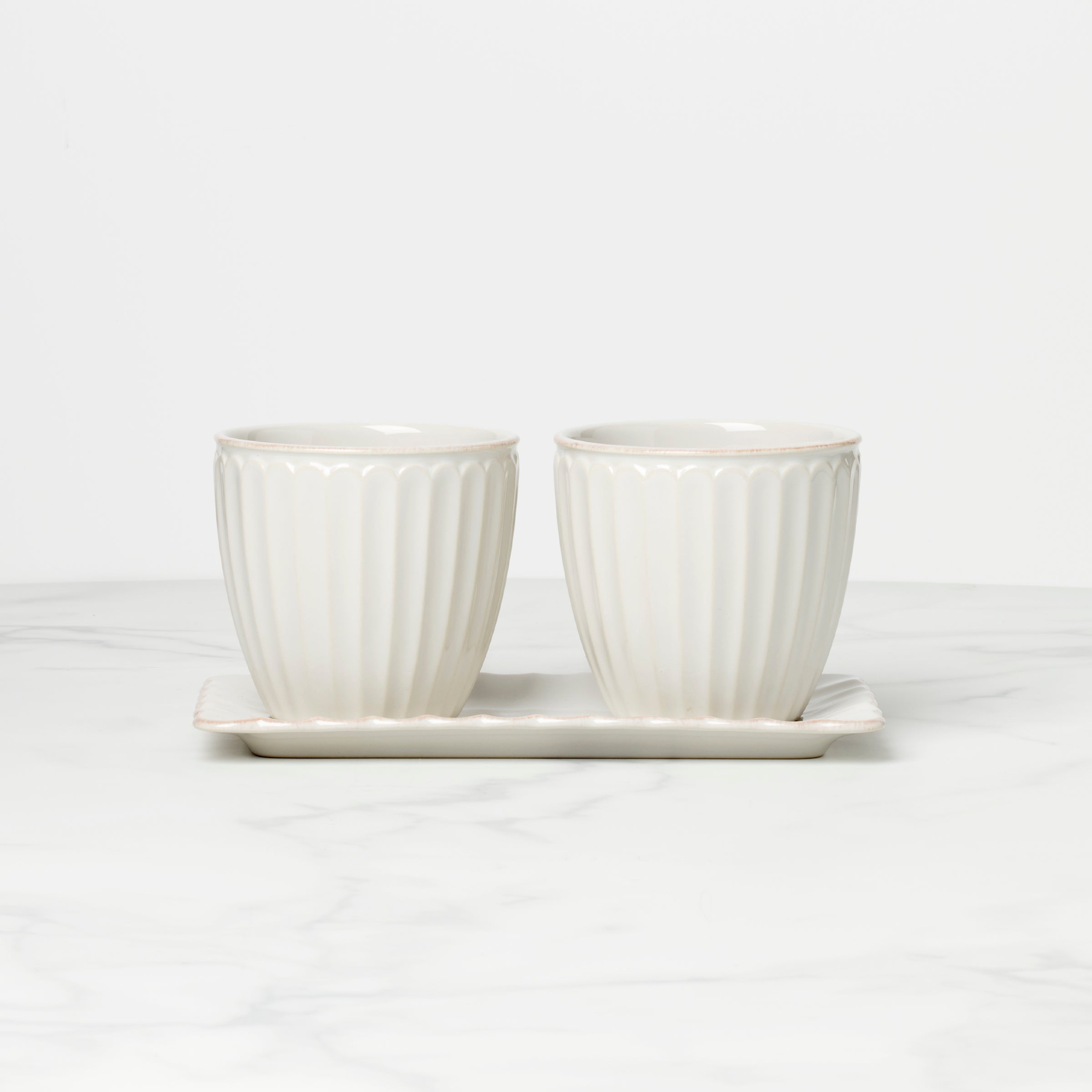 French Perle Scallop White 3-Piece Herb Pot Set