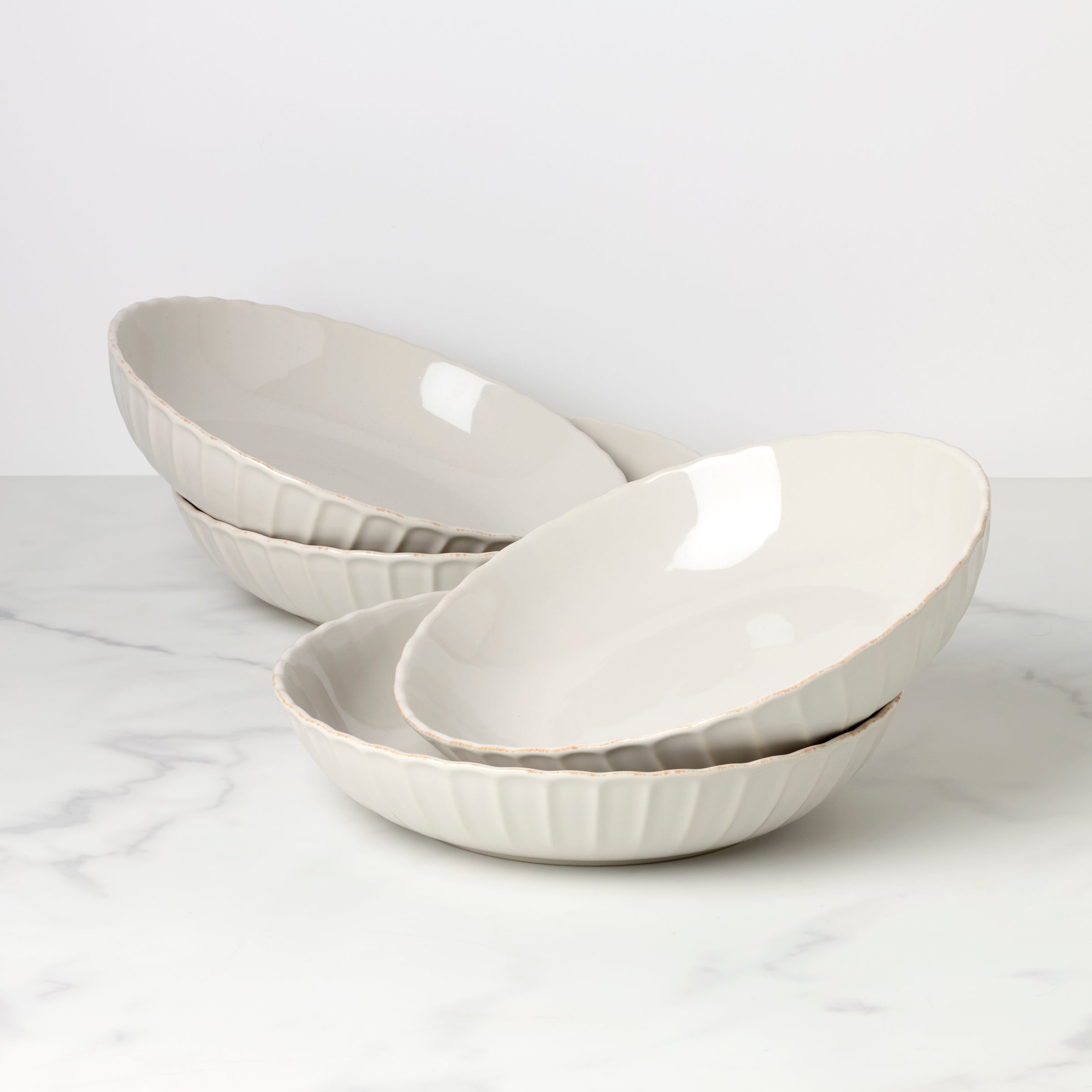 French Perle Scallop White Dinner Bowls. Set of 4