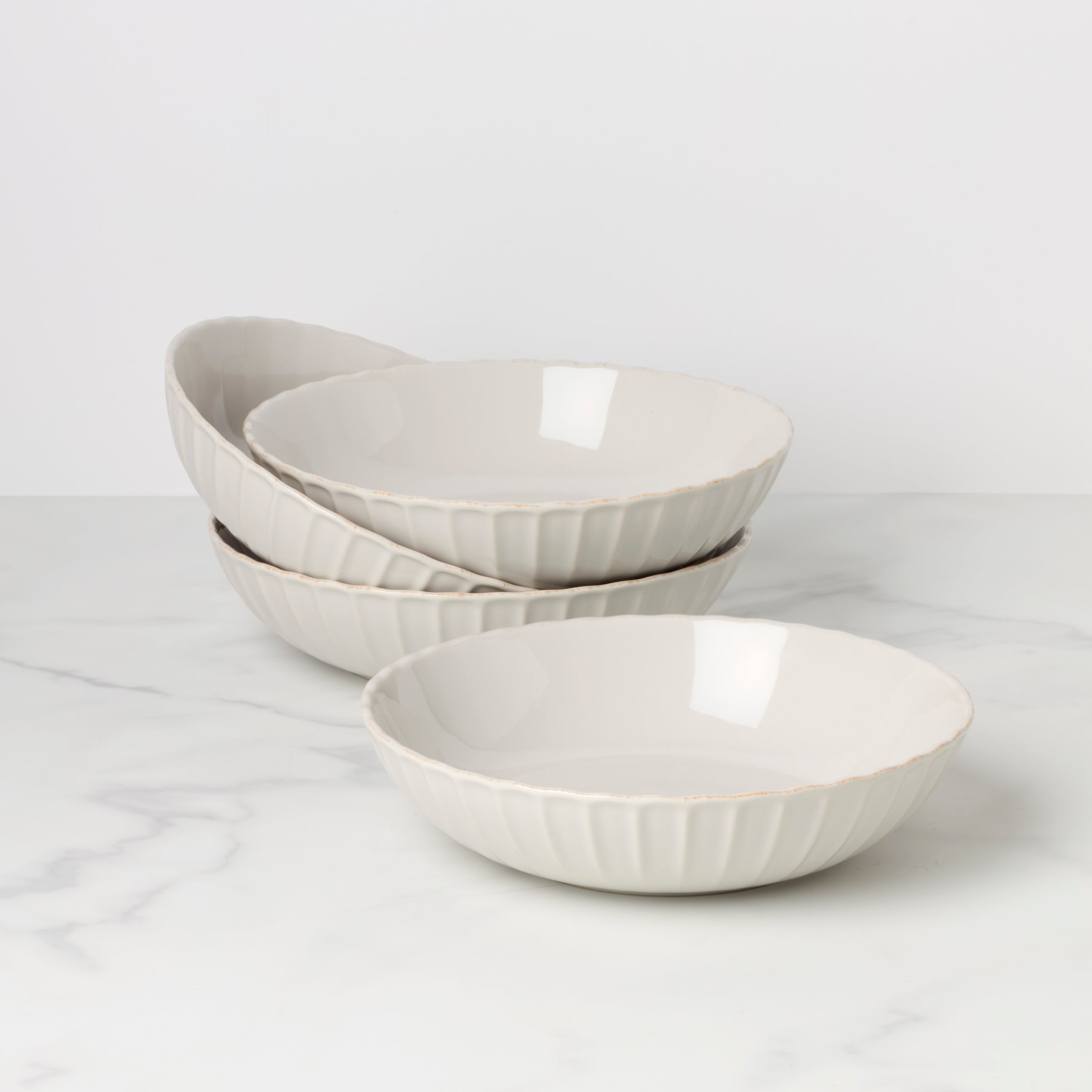 French Perle Scallop White Pasta Bowls. Set of 4