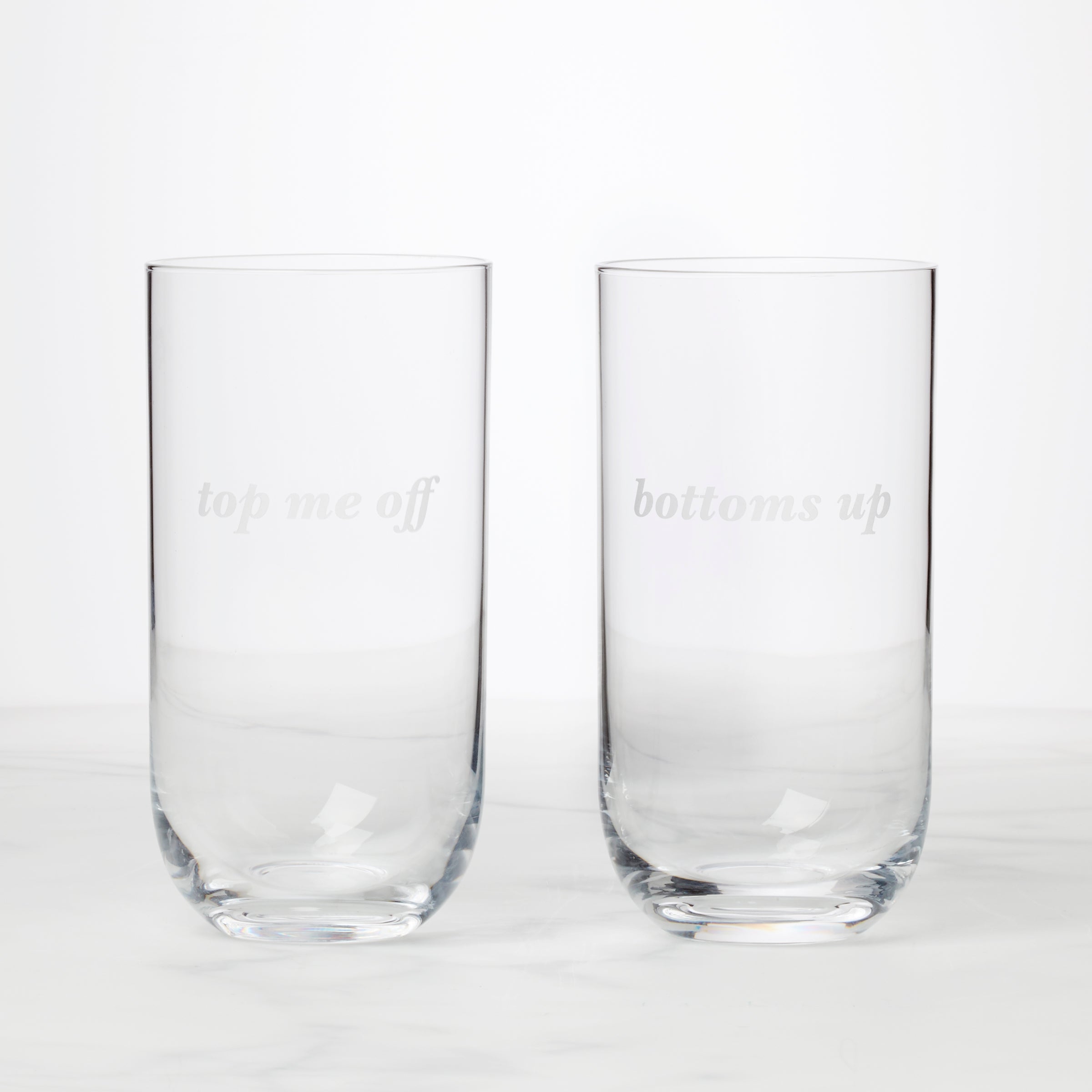 Bottoms Up & Top Me Off Highball Glasses. Set of 2