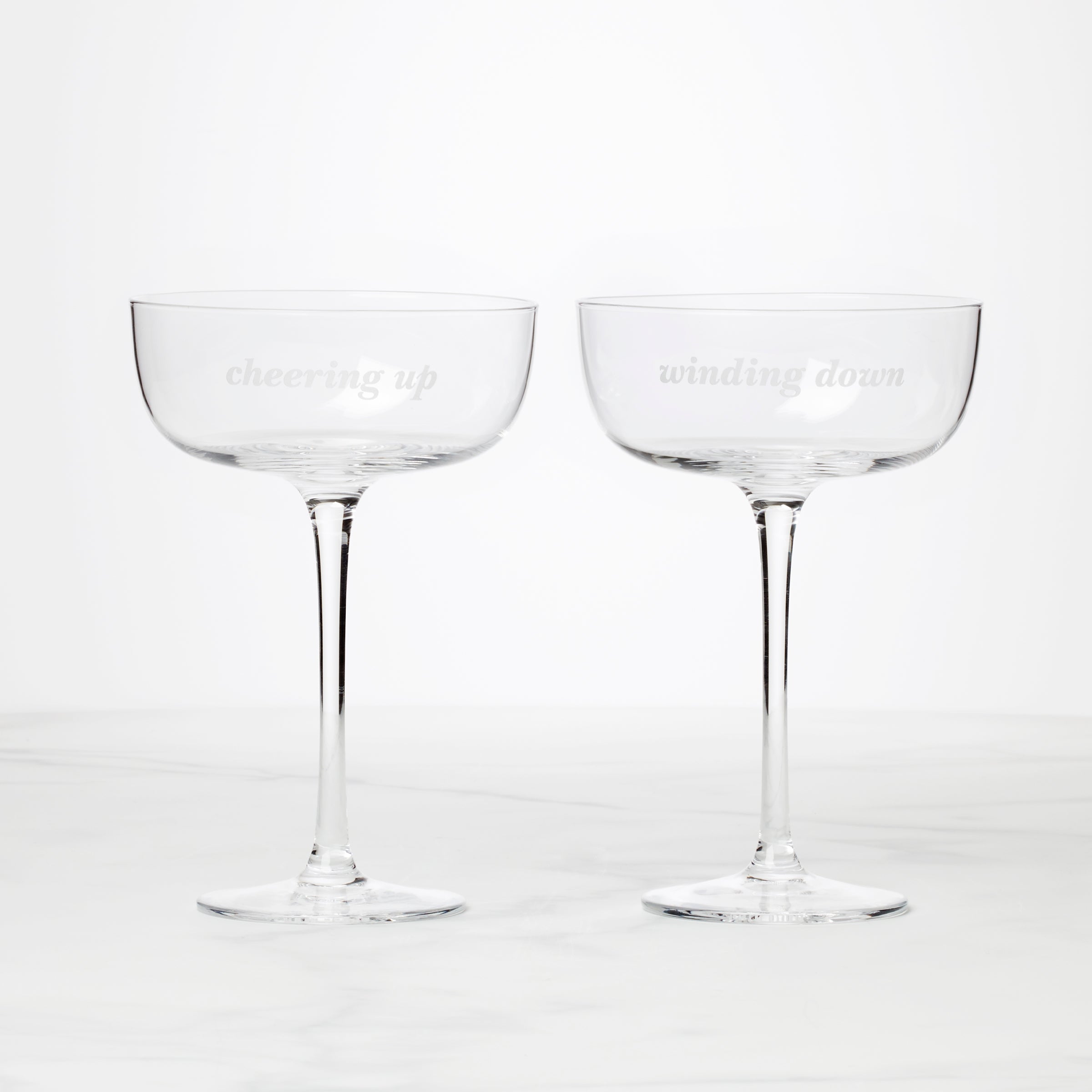 Winding Down & Cheering Up Coupe Glasses. Set of 2