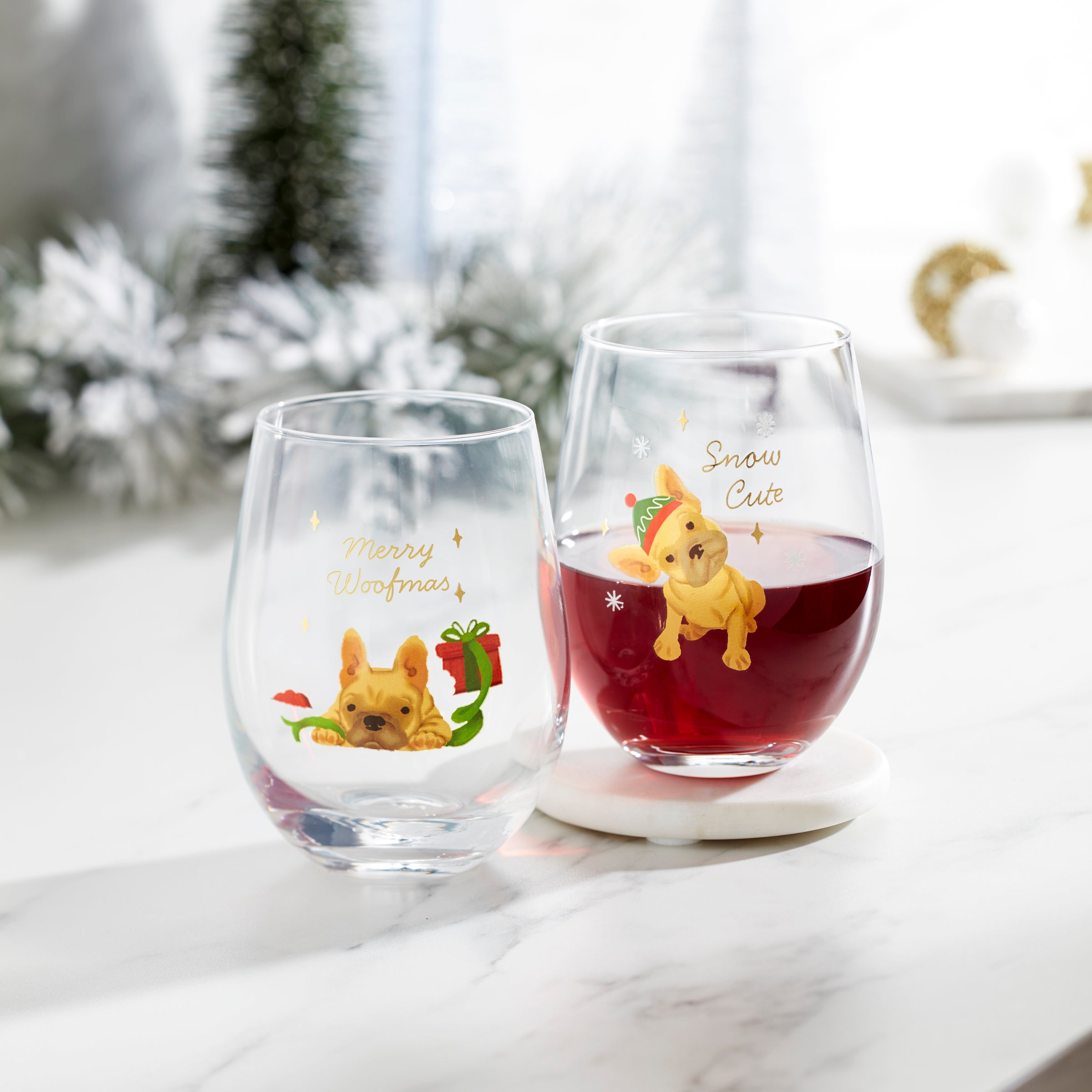 Holiday Frenchie Stemless Wine Glasses. Set of 2 - Image 2