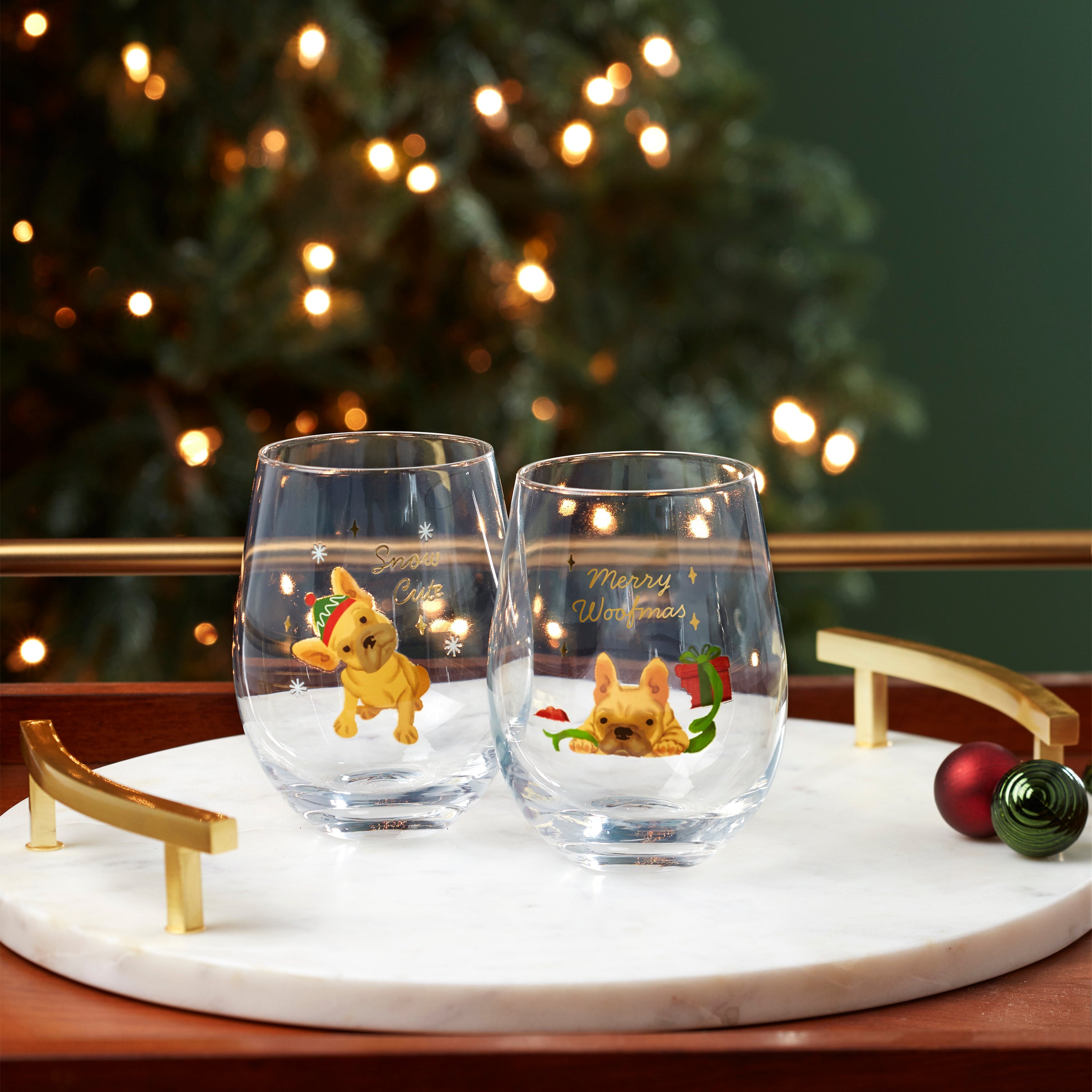 Holiday Frenchie Stemless Wine Glasses. Set of 2 - Image 3