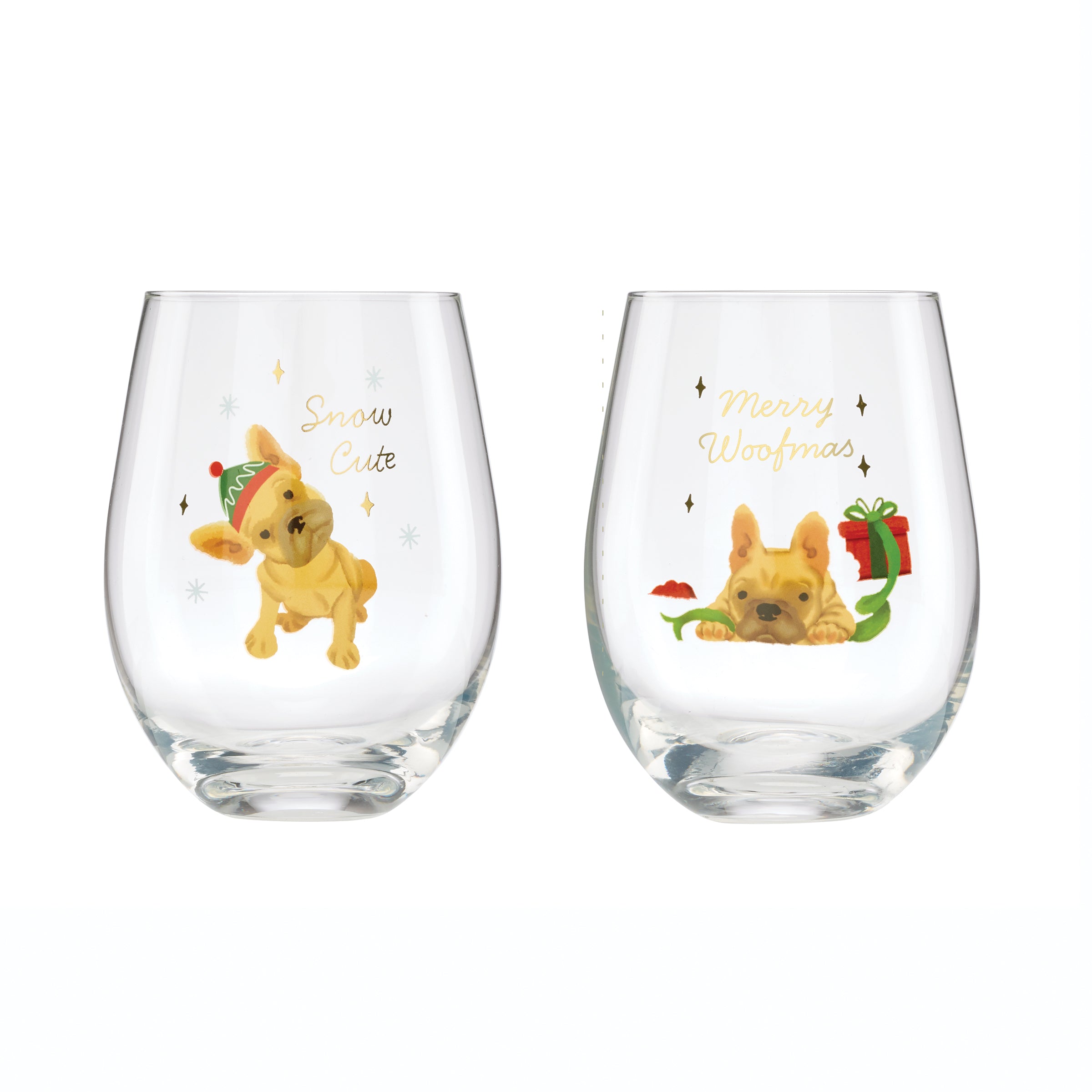 Holiday Frenchie Stemless Wine Glasses. Set of 2