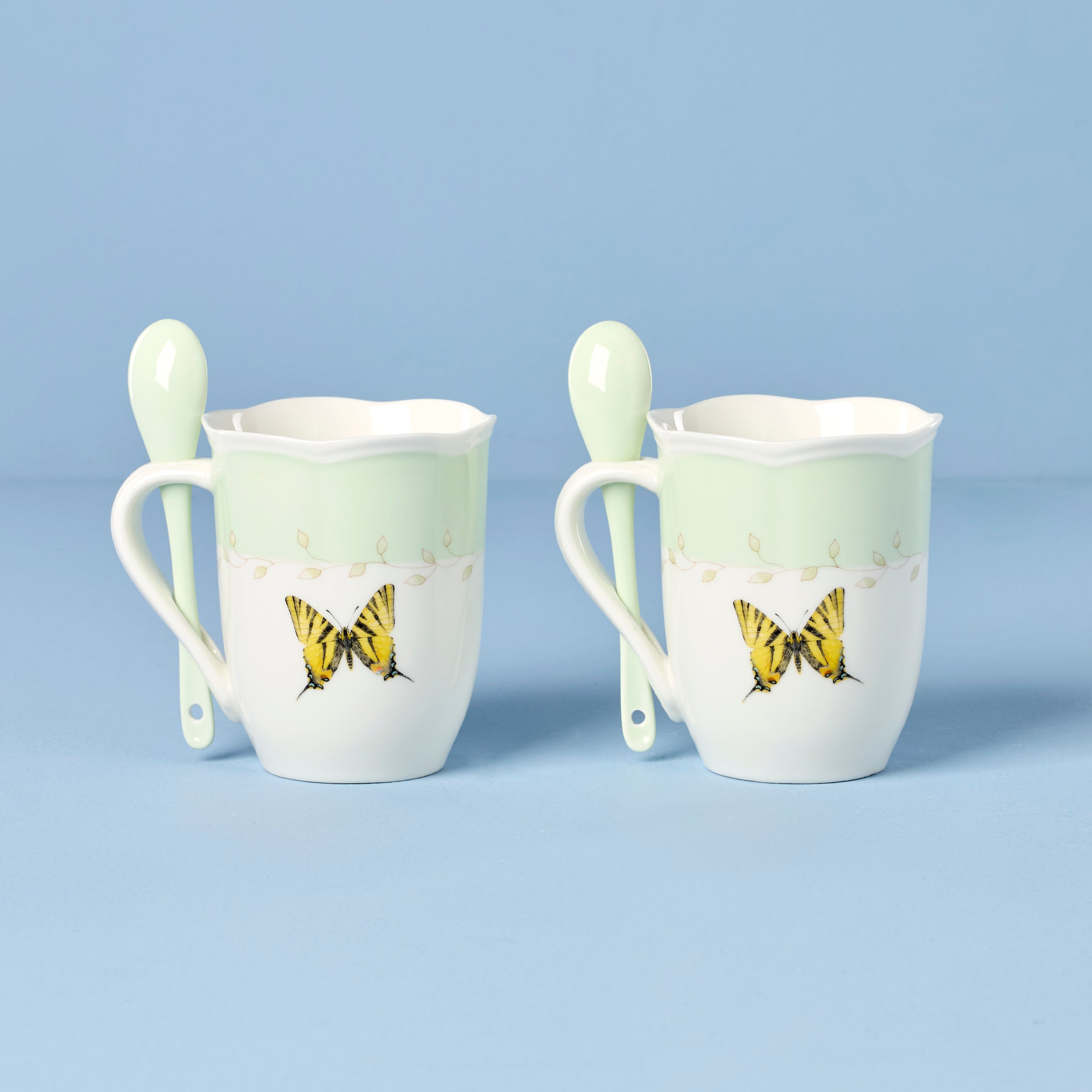 Butterfly Meadow Green Mugs with Spoons. Set of 2 - Image 2