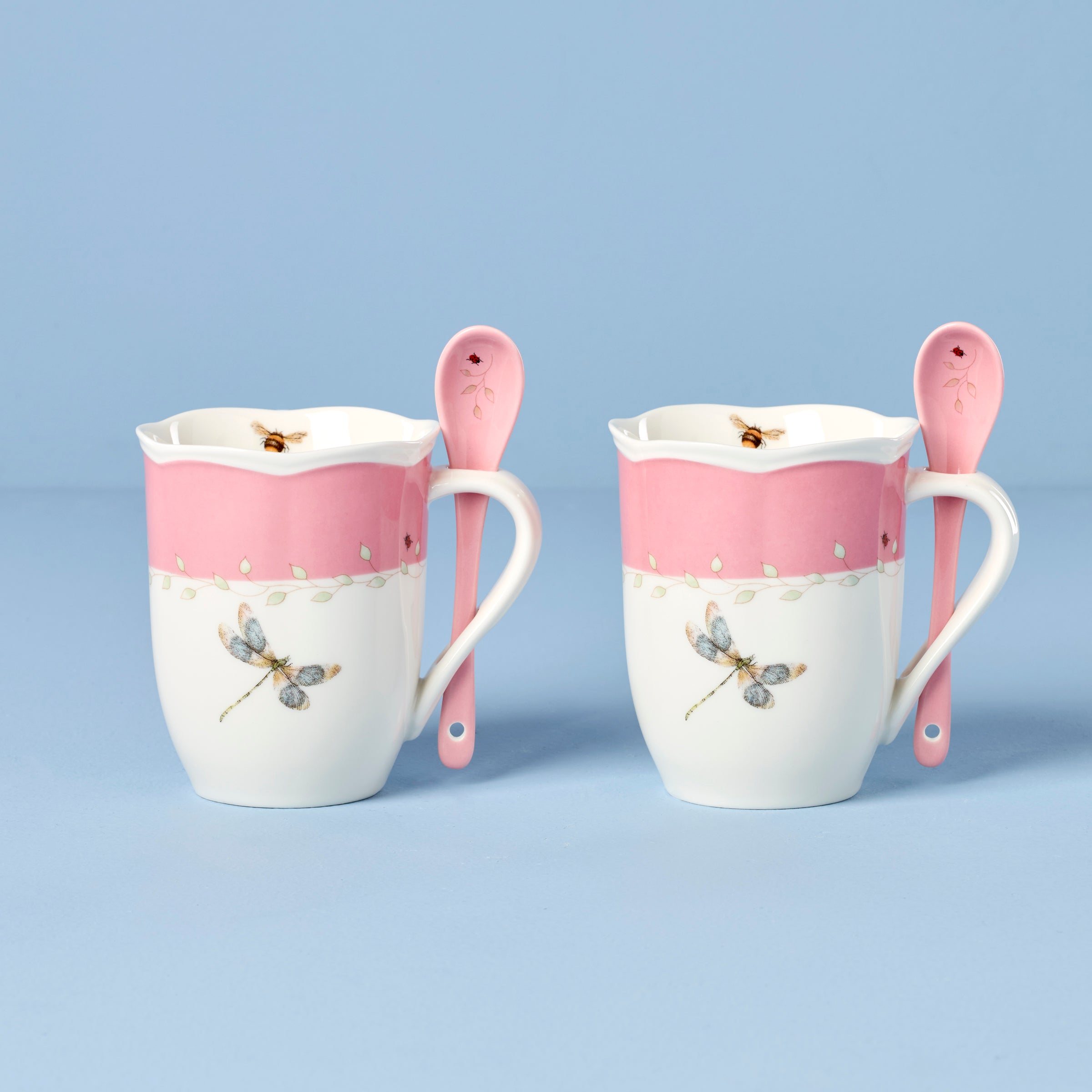 Butterfly Meadow Pink Mugs with Spoons. Set of 2