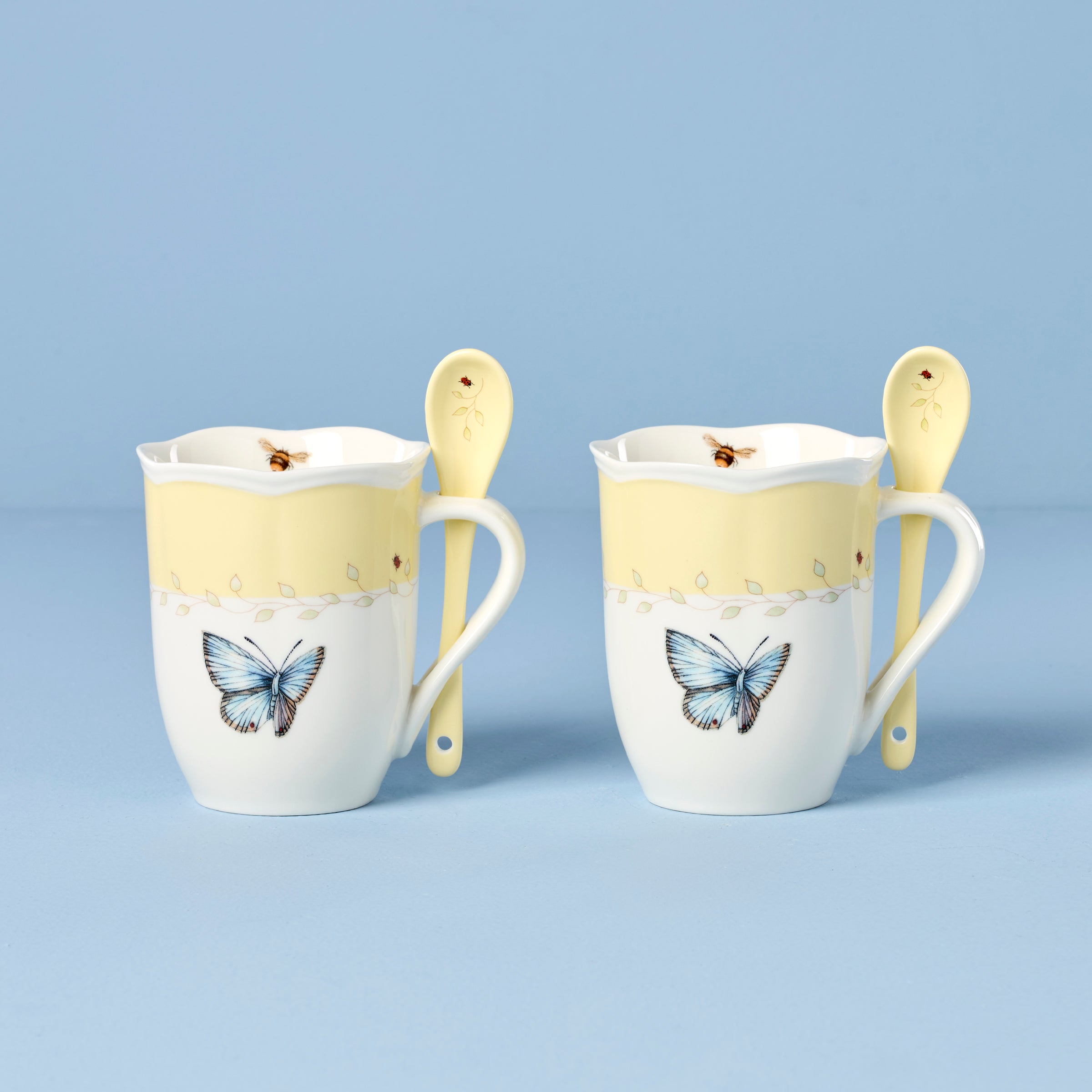 Butterfly Meadow Yellow Mugs with Spoons. Set of 2