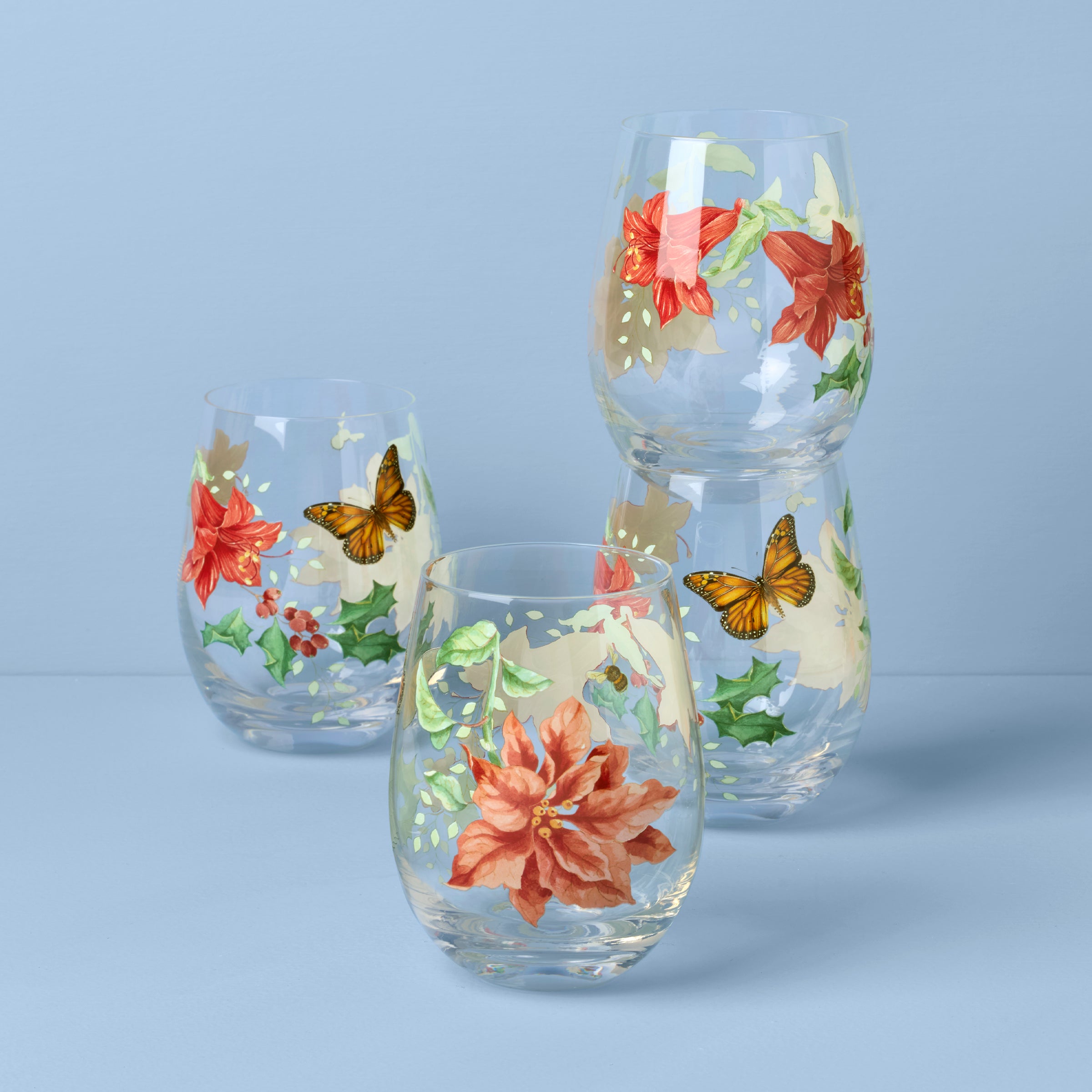 Butterfly Meadow Holiday Stemless Wine Glasses. Set Of 4