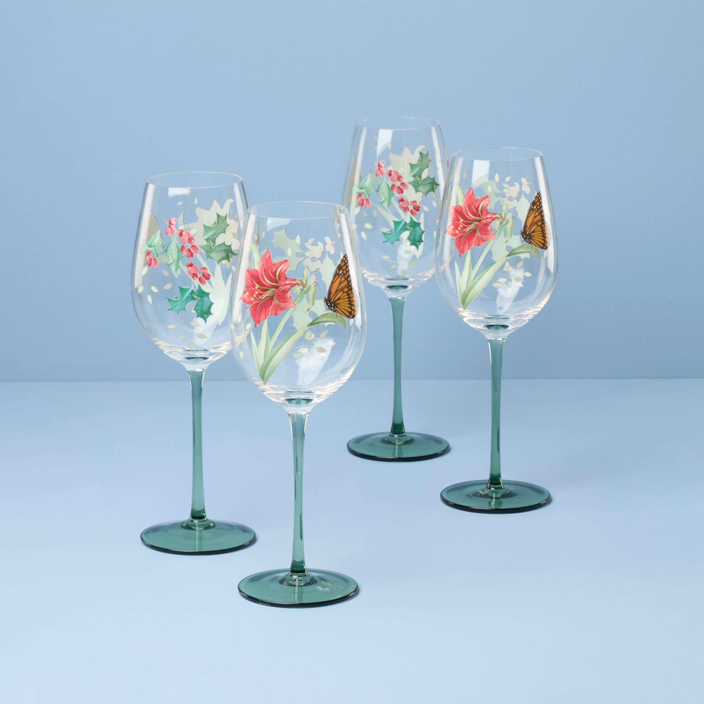 Butterfly Meadow Holiday Wine Glasses. Set of 4