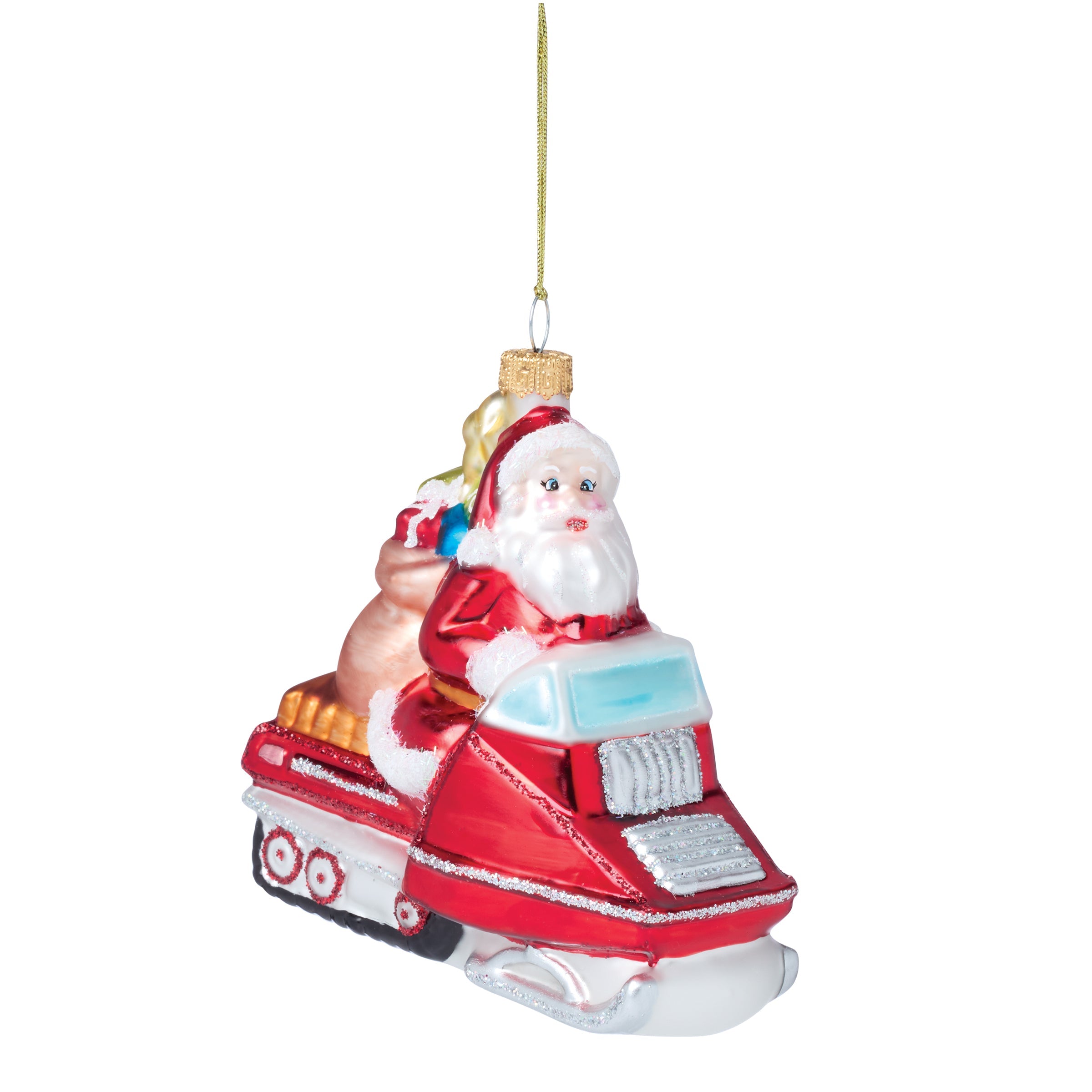 Retro Blown Glass Santa on Snowmobile Ornament - Image 3