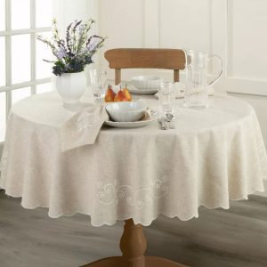 French Perle Linen Embroidered 70x70 Round Tablecloth