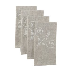 French Perle Linen Embroidered Dinner Napkins. Set of 4