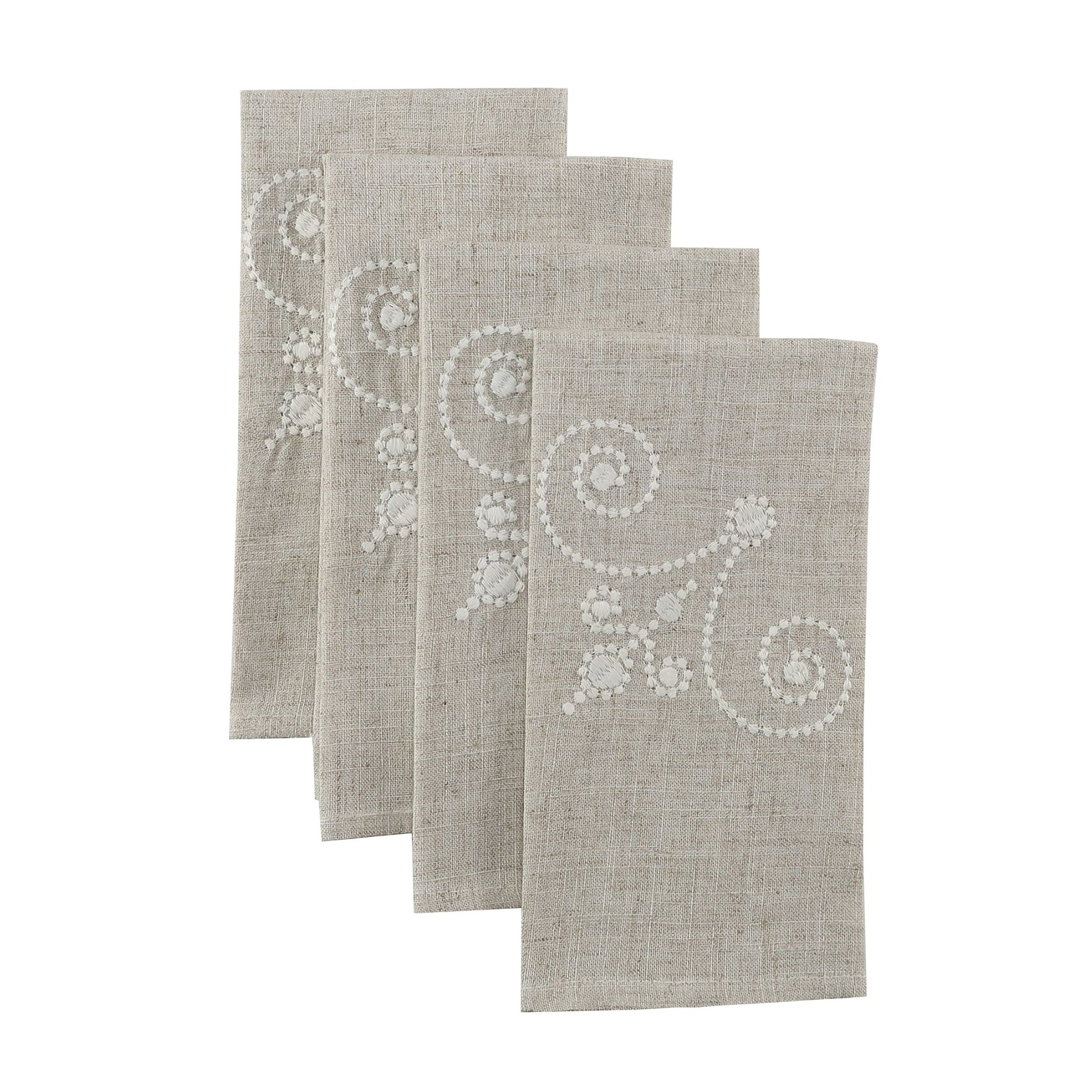 French Perle Linen Embroidered Dinner Napkins. Set of 4