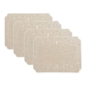 French Perle Linen Embroidered Placemats. Set of 4
